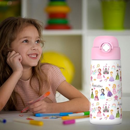 Girls Insulated Water Bottle with Covered Pop-Up Straw,16 oz Kids Cups with Stainless Steel Leak Proof for School Pink（Princess） - color: A13.Princess, style: 1Pack