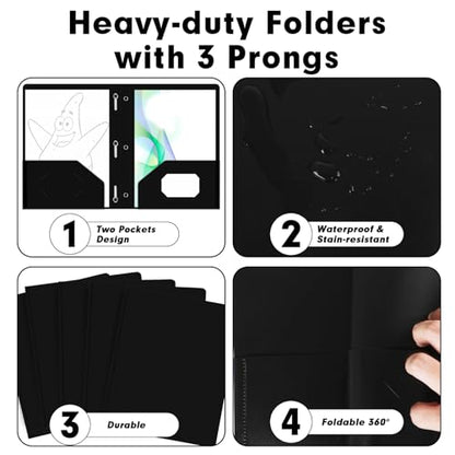 Plastic 2 Pocket Folders with Prongs, 30 Pack, Heavyweight, Letter Size Poly Folders with 3 Metal Prongs Fastener Clips (Black) - color: Black