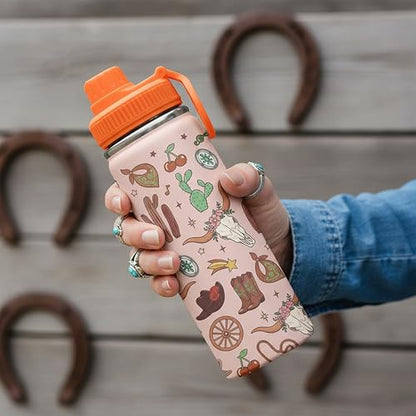 Cowgirl Water Bottle 18oz for Women Girls – Stainless Steel Travel Coffee Mug Cup with Lids – Gift for Birthday Christmas, Cow Print Gifts for Cowgirls Cowboys - color: Cowboy
