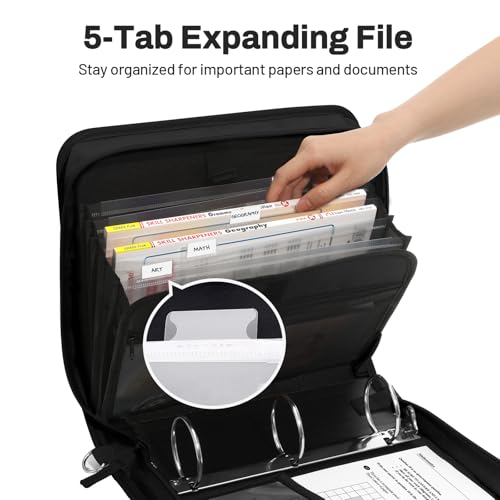 SUNEE Zipper Binder 3 Ring, 3 Inch O-Ring with Handle and Shoulder Strap, 600-Sheet Capacity, 5-Tab Expanding File Folder, Multi-Pockets for Middle School Organizer Binder with Zipper, Black - color: Black