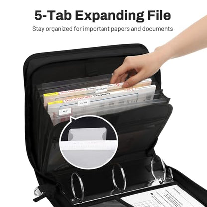 SUNEE Zipper Binder 3 Ring, 3 Inch O-Ring with Handle and Shoulder Strap, 600-Sheet Capacity, 5-Tab Expanding File Folder, Multi-Pockets for Middle School Organizer Binder with Zipper, Black - color: Black