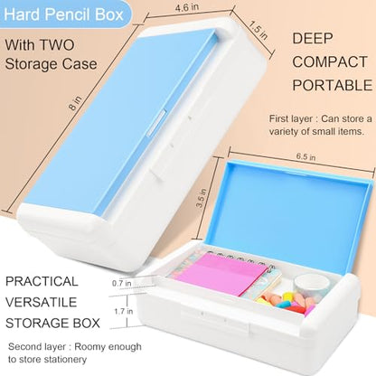 SFLHHDM Pencil Box, Double Layer Large Capacity, White Blue, 1pcs | Plastic, Snap-tight Lid, Stackable Storage, For Gel Pen Pencils Crayons, Office Supplies - color: White Blue-1pcs