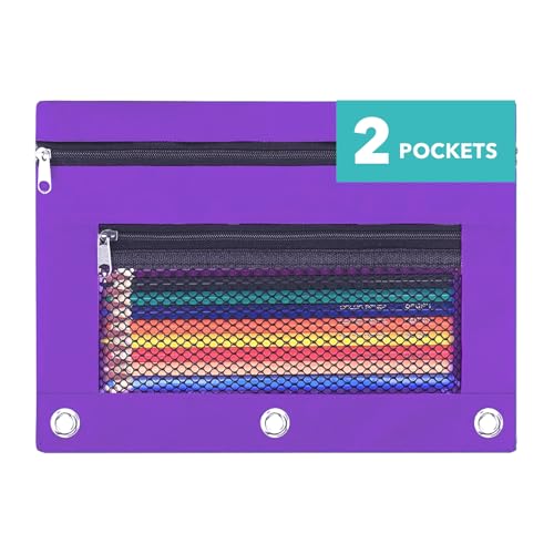 Pencil Pouch for 3 Ring Binder - 3 Hole Zipper Pen Case Bag Holder Bulk Accessories Clear Window Aesthetic Organizer Pockets - color: Purple