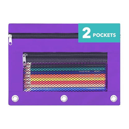 Pencil Pouch for 3 Ring Binder - 3 Hole Zipper Pen Case Bag Holder Bulk Accessories Clear Window Aesthetic Organizer Pockets - color: Purple