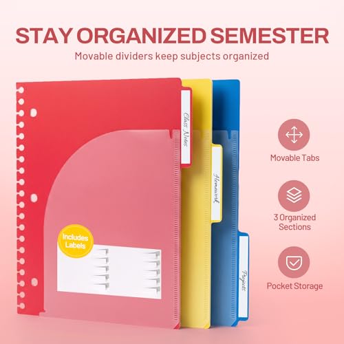 SUNEE Spiral Notebook, 3 Subject, College Ruled Paper, 8" x 10-1/2", 150 Sheets/300 Pages, 3 Pocket Colored Dividers, Water Resistant Cover, Pink - color: Pink