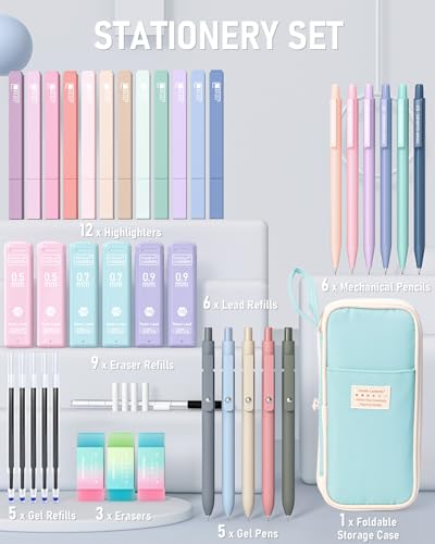 Four Candies School Supplies with Cute Pen Case, 39ct, Blue | Back to School Stationery Set, Essentials for College & Nursing Students, 5 Gel Pens, 6 Mechanical Pencils, 12 Highlighters - color: Blue, size: 39 Count (Pack of 1)