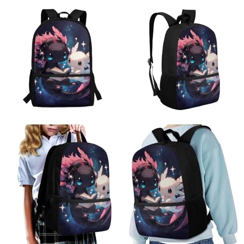 CLOHOMIN Black White Axolotl School Backpack with Lunch Box Kids Girls 7-8 Primary School Bookbag and Lunchbox & Water Bottle Sleeve 3 in 1 Back to School Schoolbag Set for Boys - color: Black White Axolotl