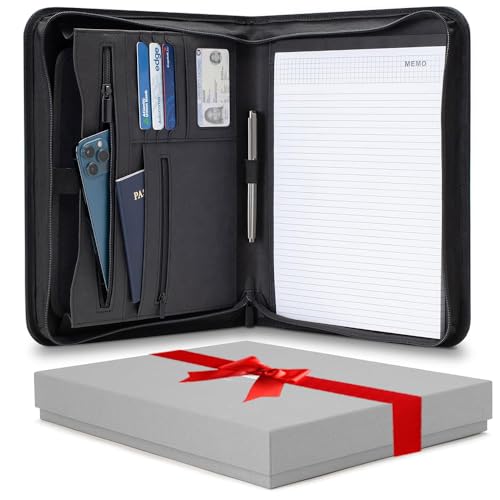 Forevermore Portfolios Padfolio Binder - Professional Faux Leather Travel Organizer Pouch for Tablet, Documents, Presentation Folders, Zipper Closure, Notepad - Black - color: Black, size: Without Ring Binder, style: Slim Portfolio