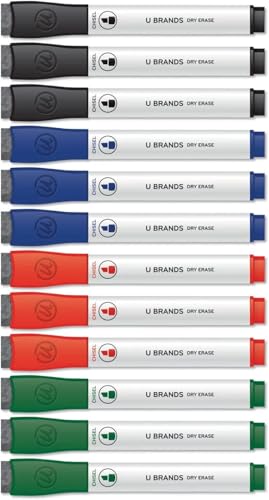 U Brands Fine Tip Dry Erase Markers with Eraser, Whiteboard Markers with Chisel tip, Low Odor, Assorted Colors, Set of 12