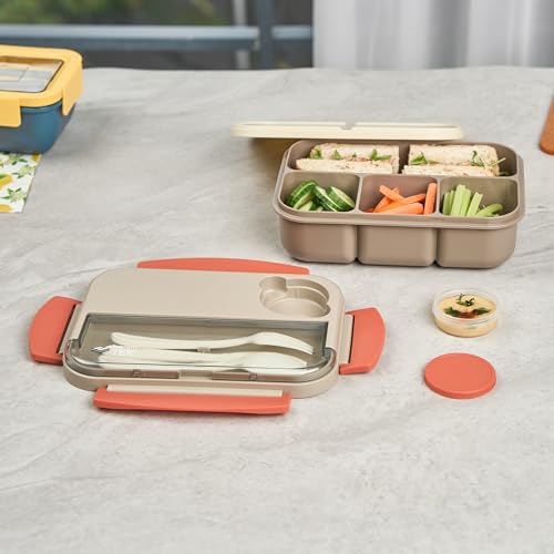 Restaurantware-Bento Tek 43.9 Ounce Bento Box, 1 Reusable Lunch Container - With Cutlery, Does Not Contain BPA, Brown And Orange Plastic Reusable Lunch Box, Sauce Cup Included, Microwavable - size: 1 Count, style: 44 oz - Brown