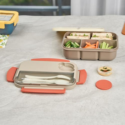 Restaurantware-Bento Tek 43.9 Ounce Bento Box, 1 Reusable Lunch Container - With Cutlery, Does Not Contain BPA, Brown And Orange Plastic Reusable Lunch Box, Sauce Cup Included, Microwavable - size: 1 Count, style: 44 oz - Brown