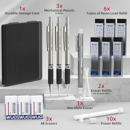 WUO 0.9mm Mechanical Pencil Set, 3PCS Metal Drafting Pencils with 360 HB Lead Refills, 1 Eraser Pen, 3PCS 4B Erasers, 12 Eraser Refills, Storage Case for Student Artist Writing, Drawing, Sketching