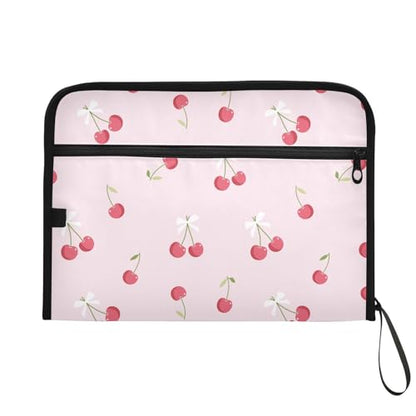 Pink Cherry White Bow File Folders,Plastic Folders with 13 Pockets,Expandable File Folder for Documents School Students Office,Aesthetic Folder with Labels A4 Letter Size - color: Multi 23