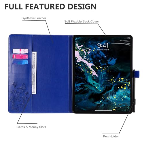 Dteck Wallet Case for iPad Air 13 Inch M2 2024 & iPad Pro 12.9 2022/2021/2020/2018 with Pencil Holder,Embossed Butterfly Auto Sleep/Wake PU Leather Smart Stand Girls Cute Folio Pocket Cover,Blue - color: 10 Blue