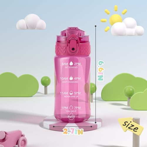 OLDLEY 12oz Kids Water Bottle, Tritan BPA-Free, Leakproof Flip Straw Lid, Motivational Time Marker, Carry Strap, Reusable Clear Water Bottle for Boys & Girls,Eggplant - color: Eggplant, style: 12 Ounces