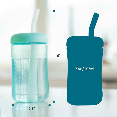The First Years Squeeze & Sip Toddler Straw Cups - Squeezable Transition Sippy Cup with Silicone Straw - Toddler Feeding Supplies - 7 Oz - 3 Count - Ages 6 Months and Up - color: Green/Teal