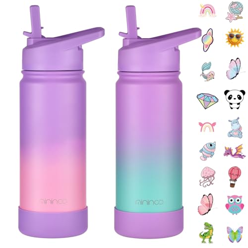 Mininoo Kids Water Bottle for School, 16oz Stainless Steel Insulated Water Bottle Kids with Straw Lid for Girls, Boys (2 Pack) - color: 2 Pack-Purple/Sky, size: 16 Ounces