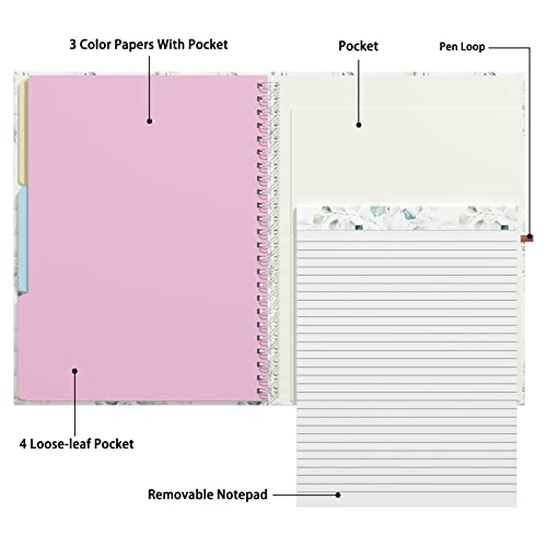Rimilak Spiral Clipboard Folio with Refillable Lined Notepad, 14.5 x 9.8 In, Hardcover Cover with 5 Interior Pockets, Elastic Band and Pen Loop Series. Cute Stylish Clipfolio, Green Leaves - color: Green Leaves