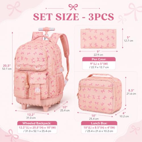 CCJPX 3Pcs Rolling Backpack for Girls, Roller Wheeled School Bookbag, Bow Wheels Backpacks with Lunch Box for Kids (Pink) - color: Bow Pink