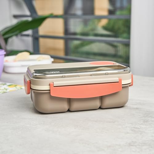 Restaurantware-Bento Tek 43.9 Ounce Bento Box, 1 Reusable Lunch Container - With Cutlery, Does Not Contain BPA, Brown And Orange Plastic Reusable Lunch Box, Sauce Cup Included, Microwavable - size: 1 Count, style: 44 oz - Brown