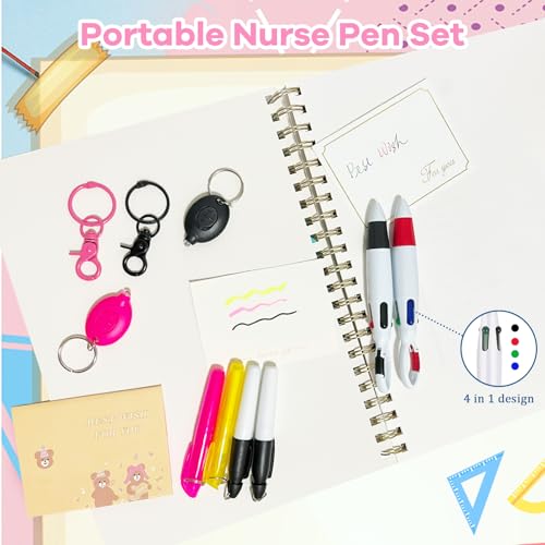 5 Pcs Nurse Accessories Pen Set, Nursing Essentials Include Badge Keychain Clip, Mini Highlighter, Permanent Marker, Ballpoint Pen and LED Keychain Flashlight, Pink - color: Pink