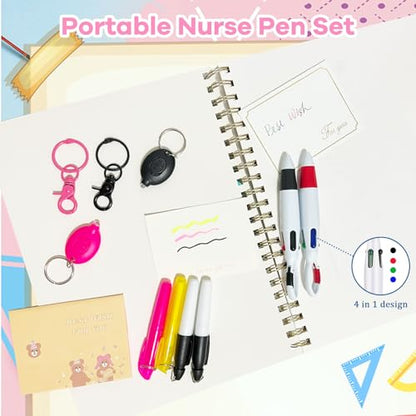 5 Pcs Nurse Accessories Pen Set, Nursing Essentials Include Badge Keychain Clip, Mini Highlighter, Permanent Marker, Ballpoint Pen and LED Keychain Flashlight, Pink - color: Pink