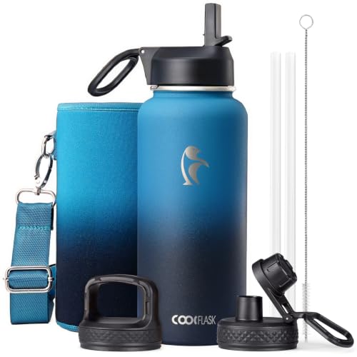 Water Bottle 32 oz Insulated with Straw, Coolflask Stainless Steel Metal 3 Lids Water Flask Wide Mouth for Sports or Office, Non-BPA Keep Cold Up to 48 Hrs or Hot Up to 24 Hrs, Samurai Cyan - color: Samurai Cyan, size: 32 Ounces
