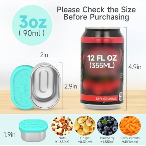 누출 방지 식품 등급 실리콘 뚜껑이 있는 170.1g(6온스) 스테인리스 스틸 조미료 용기, 간식 및 디저트, 수플레, 샐러드 드레싱에 사용할 수 있는 어린이 점심 도시락 소스 용기 (믹스, 6팩) | Small Condiment Containers, Sauce Cups, Salad Dressing Container To Go - color: 170g(6온스), 6팩