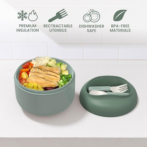 Bentgo Bowl - Insulated Leak-Resistant Bowl with Collapsible Utensils, Snack Compartment and Improved Easy-Grip Design for On-the-Go - Holds Soup, Rice, Cereal & More - BPA-Free, 21.2 oz (Khaki Green) - color: Khaki Green