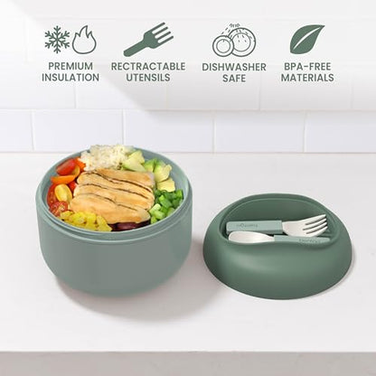 Bentgo Bowl - Insulated Leak-Resistant Bowl with Collapsible Utensils, Snack Compartment and Improved Easy-Grip Design for On-the-Go - Holds Soup, Rice, Cereal & More - BPA-Free, 21.2 oz (Khaki Green) - color: Khaki Green