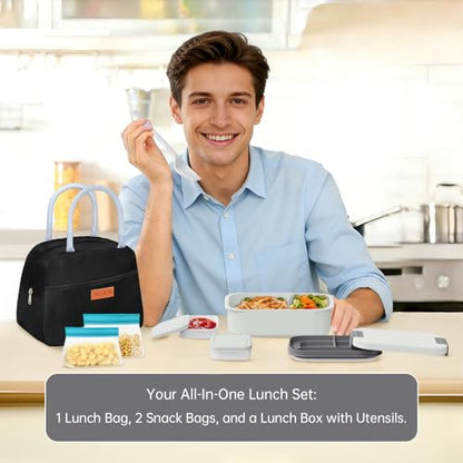 JBGOYON 4-in-1 Bento Box and Insulated Lunch Bag Set, Black/Gray | 6-hour insulation, 7.5 L lunch bag, leakproof 1.9 L container with 2 sauce cups, fork and spoon, 2 snack bags, BPA-fre - color: Gray