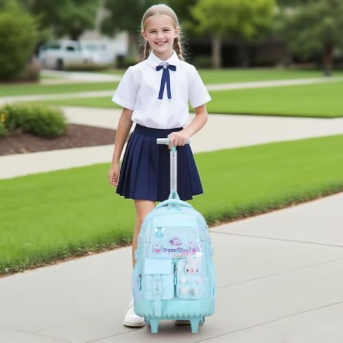 FIXITOK Rolling Backpack for Girls, Kawaii Bunny Roller Wheels School Backpacks with Lunch Bag Pencil case, Wheeled Suitcase Bookbag for Elementary Travel Dreamy Aquamarine - color: Dreamy Aquamarine