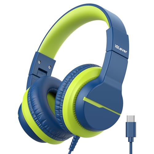 iClever USB C Headphones for Kids, Over-Ear for Boys Girls | Safe Volume 85dBA, Foldable, Wired, For iPad，HS19S - color: Blue USB C