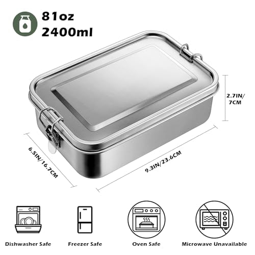 Leonyo 81oz 18/10 Stainless Steel Lunch Box for Adults, 2400ml Metal Bento Box with Divider, Leak-Proof Lunch Food Containers for Woman Man, Dishwasher Safe, Oven Safe Except for Lid - size: 2400ML