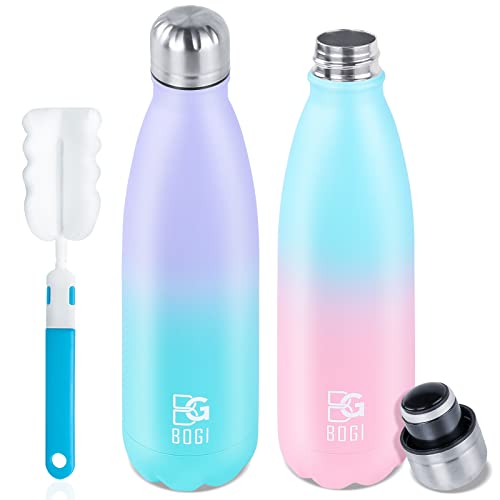 BOGI Insulated Water Bottle, 17oz 2 Pack Stainless Steel Water Bottles, Leak Proof Sports Metal Water Bottles Keep Drink Cold for 24 Hours and Hot for 12 Hours BPA Free kids water bottle for School - color: 2 Pack-Skyblue Pink + Purple Mint, size: 17 Ounc