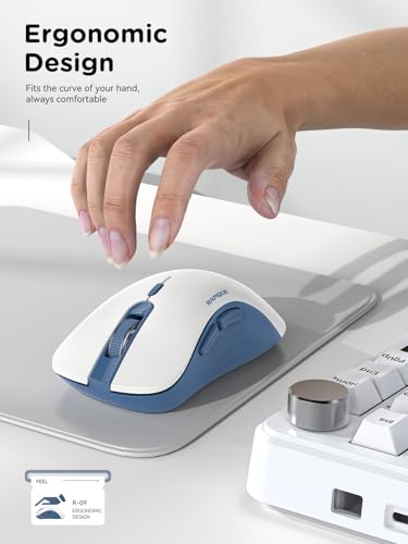 RAPIQUE Bluetooth Wireless Mouse - Dual Bluetooth & 2.4 GHz USB Receiver, Ergonomic Design, Quiet Clicks, Low Power - Multi-Device Compatibility for MacBook, Laptop, Computer (Blue and White) - color: White and Blue