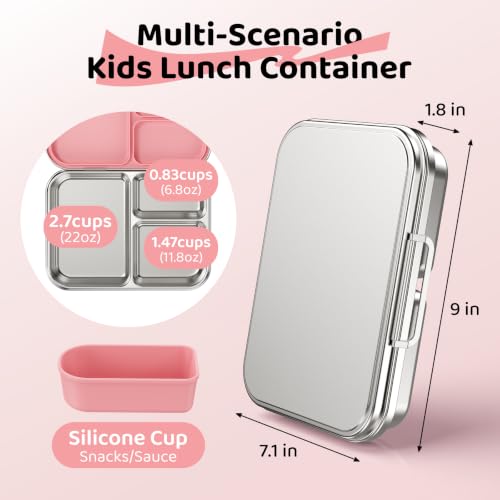 Pawtong Stainless Steel Bento Box for Kids and Adults, 3 Compartment Leakproof Lunch Box with Removable Silicone Seal and Silicone Contianer, Metal Lunch Container for School, Work and Travel (Pink) - color: Pink