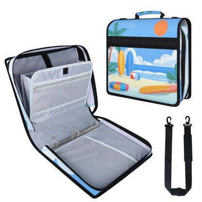 Summer Sea Coastal Zipper Binder, 3 D-Ring Expanding File Folder with Handle & Adjustable Shoulder Strap, 400 Sheets Capacity Multi-Pocket Organizer for 13 Inch Laptop - color: Summer Sea Coastal