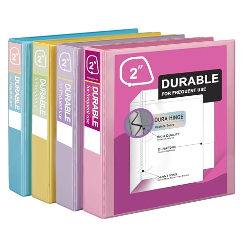 Zzrywuty Durable 3 Ring Binder,2 Inch Economy 4 Pack,Each Holds 540 Sheets,D-Ring Presentation View Binders for Office,School,Home(Pastel Assortment) - size: 2 Inch, style: Pastel Assortment
