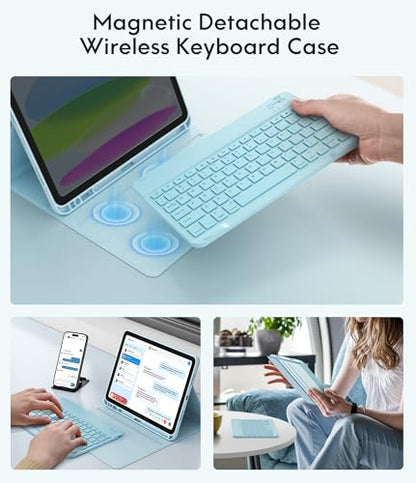 CHESONA Compatible for iPad 11th(A16)/10th Generation Case with Keyboard | Detachable Wireless Keyboard, Stand Folio Keyboard Cover with Pencil Holder, Thin & Light, Black - color: Light Blue