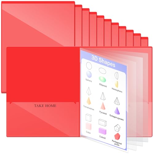 Henoyso 12 Pcs School and Home 2 Pocket Folders with 4 Clear Inner Pockets Plastic Heavy Duty Homework Folders Parent Teacher Communication for Student Home Office Classroom,11 x 9 Inch (Red) - color: Red