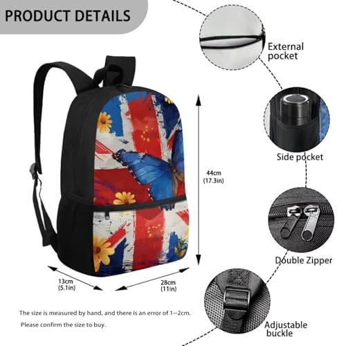 CLOHOMIN Butterfly Kids Bookbag and Lunch Box Set for Girls 5-8, 3 in 1 The Union Jack Backpack with Lunch Bag + Water Bottle Sleeve 17 Inch Schoolbag for Boys 4th Grade Insulated Lunch Tote - color: Butterfly the Union Jack