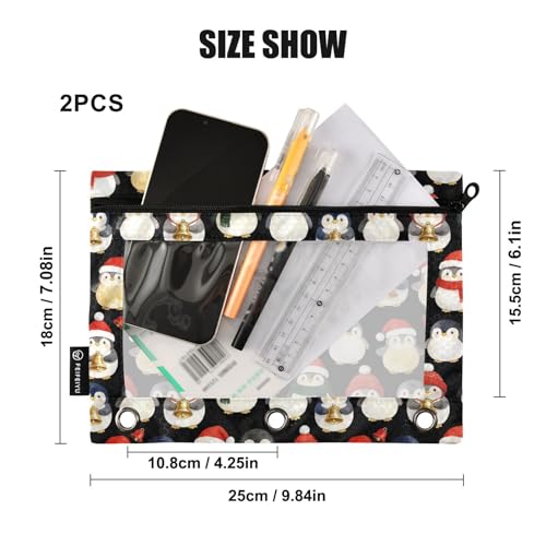 Christmas Penguins Pencil Pouches for 3 Ring Binder, Zipper Binder Pencil Case, 2 Pack Clear Window Case Bag for Office Organizers - color: Christmas Penguins