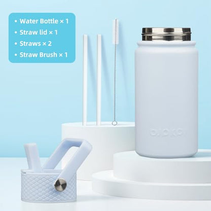 BJPKPK Insulated Water Bottle, 15oz Stainless Steel with Straw Lid | Leak Proof, BPA-Free, Vacuum Insulated, Keep Drink Cold & Hot, Metal Water Bottle for Travel, Gym, Office, Cupholder Friendly - color: Light Blue, style: N-15oz-Color Lid