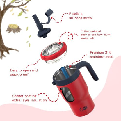 OISIZ 14oz Kids Tumbler with Straw Lid & Handle,Kids Cup with Animal Accessory for School,Kids Water Bottles with Dust-proof Cover,Leakproof Water Bottles,316 Stainless Steel,Keep Cold 24 Hours-red - color: old glory red