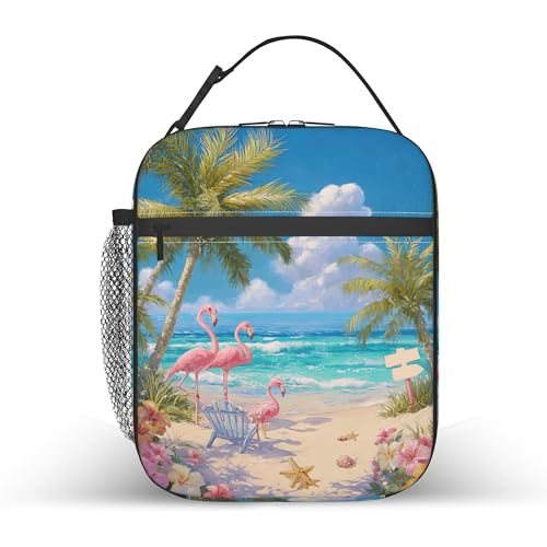 Tropical Pink Flamingo Beach Lunch Box Bag, Palm Tree Lunchbag Portable Lunch Bag,Reusable Insulated Freezer Lunch Bag for Men Women Kids Picnic Camping and Work - color: Tropical Pink Flamingo Beach