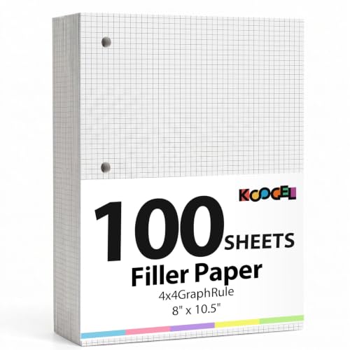 Koogel White Filler Paper, 3 Hole Punched, 100 Sheets Loose Leaf Wide Ruled Lined Notebook Paper, 8" x 10-1/2" Filler for Notebooks, School Office Writing Supplies, Fights Ink Bleed, White