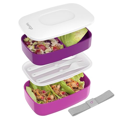 Bentgo Classic - Adult Bento Box, Stackable 3-Compartment Lunch Box with Removable Utensil Set and Sealing Strap, BPA-Free, Food Container Ideal for Meal Prep, Work, and On the Go (Purple) - color: Purple