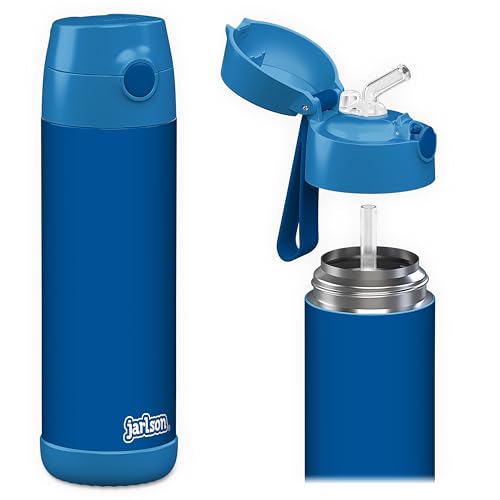 Jarlson® Kids Water Bottle CHARLI [18OZ] - Stainless Steel Thermo Bottle with Straw - Insulated, Spill Proof Waterbottle for School & Sports - Thermo Tumbler for Boys & Girls (Blue) - color: Blue 'Neo', size: 18 Ounces