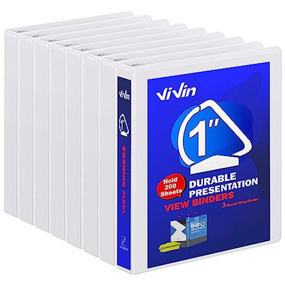 3 Ring Binder 1 Inch, ViVin Sturdy 1"-Slant D Ring Binder with 2 Interior Pockets, Clear View Cover, PVC-Free, Fits 225 Sheets of US Letter Size Paper (8 Pack, White) - color: White, size: 1 Inch, style: 8 Pack